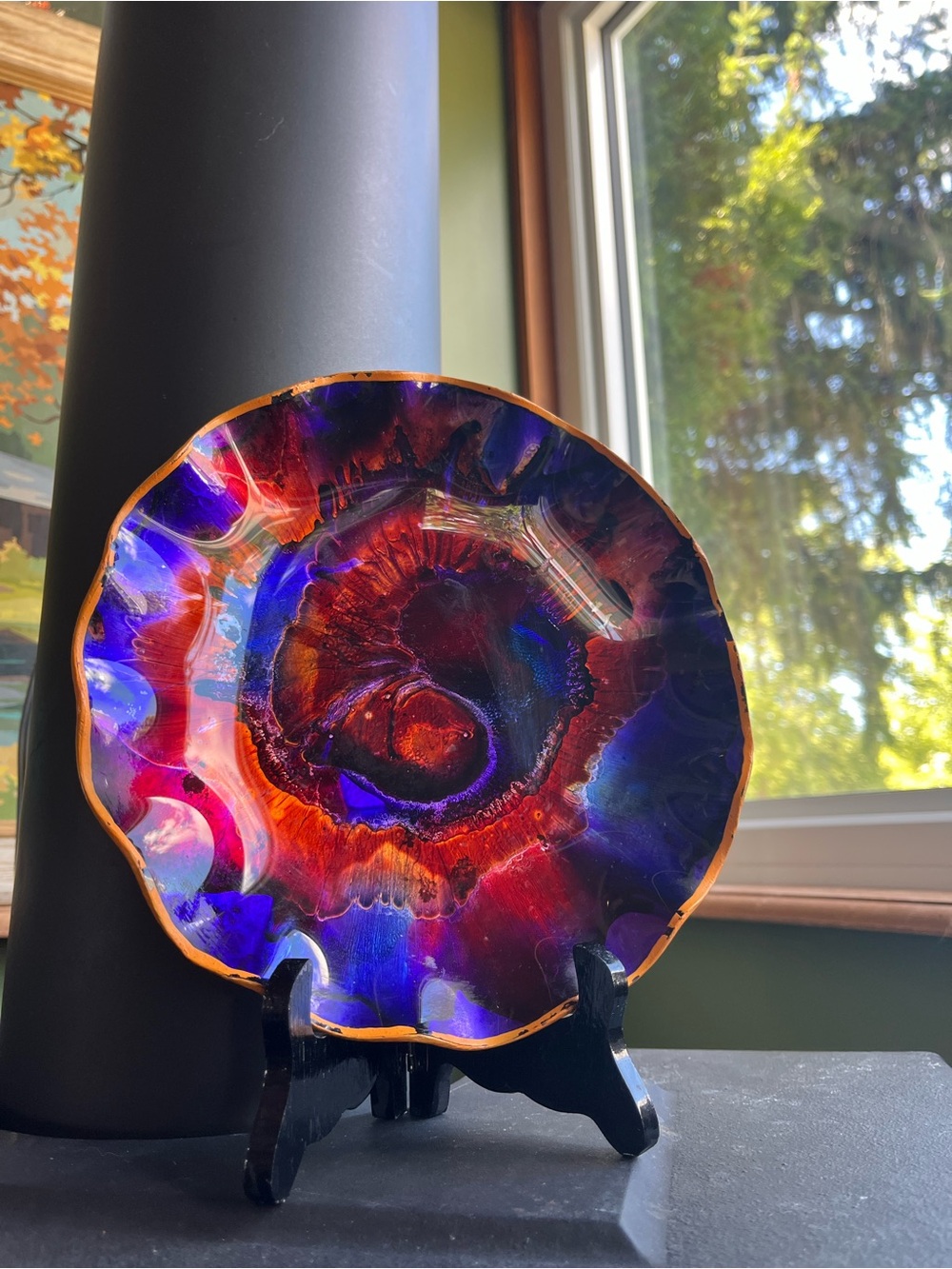 Abstract Red & Blue Resin Art Plate - Home Art